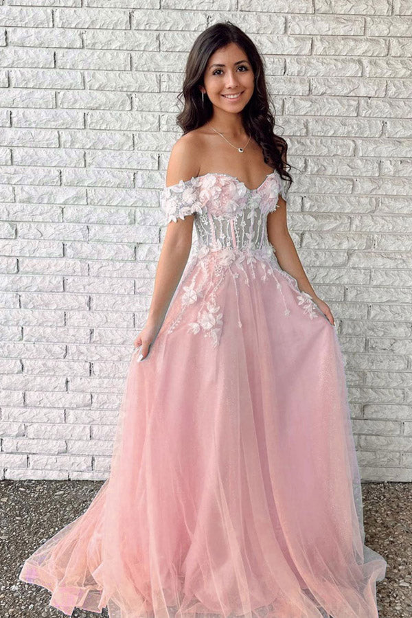 
                      
                        Pretty Off The Shoulder Tulle Long Prom Dress With Appliques
                      
                    