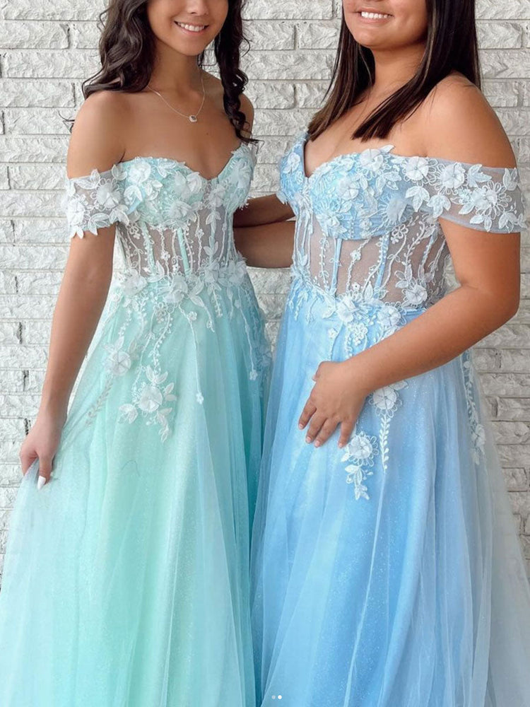 
                      
                        Pretty Off The Shoulder Tulle Long Prom Dress With Appliques
                      
                    