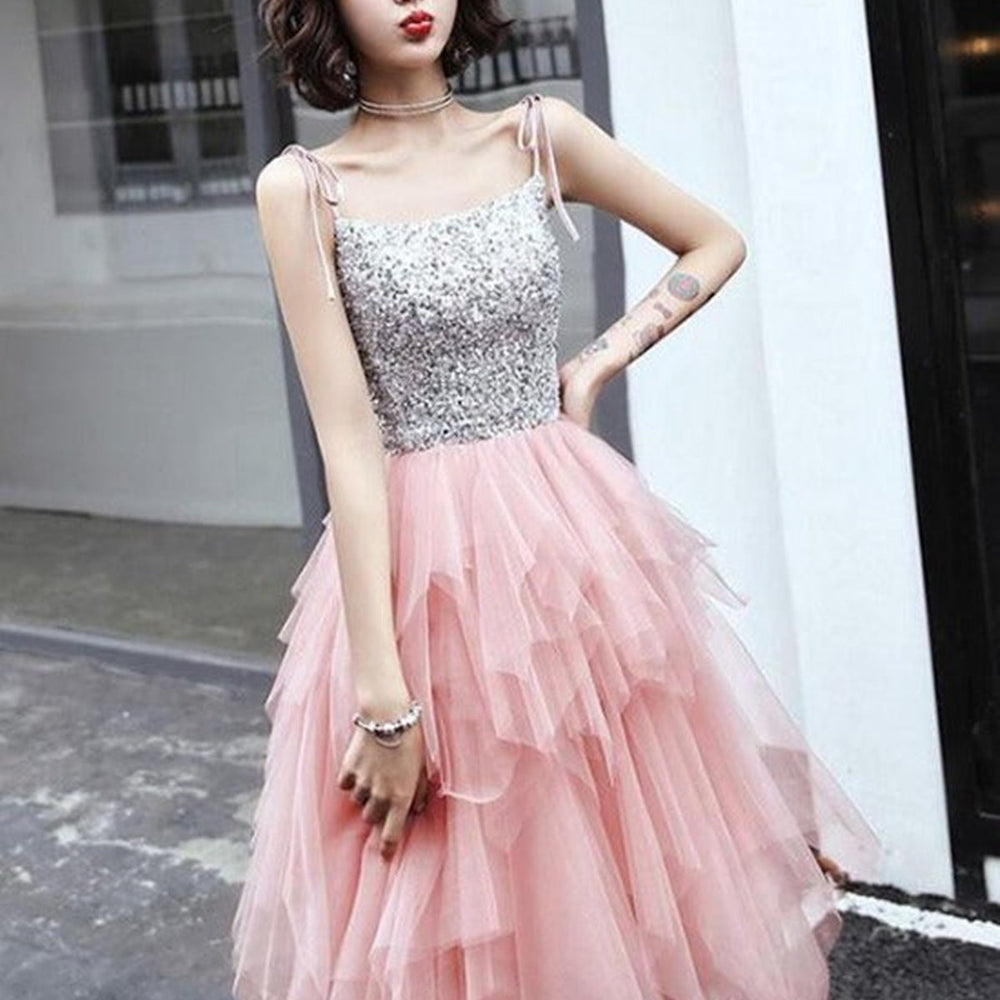 
                      
                        Pretty Sequins Pink Tulle Short Prom Dresses, Layered Pink Tulle Homecoming Dresses, Pink Formal Evening Dresses 
                      
                    