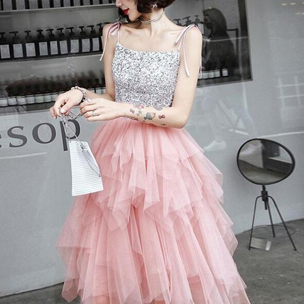 
                      
                        Pretty Sequins Pink Tulle Short Prom Dresses, Layered Pink Tulle Homecoming Dresses, Pink Formal Evening Dresses 
                      
                    