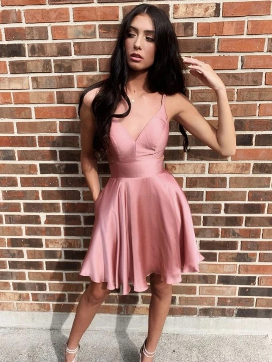 Pretty V Neck Short Rose Pink Prom Dresses, Rose Pink Formal Graduation Homecoming Dresses