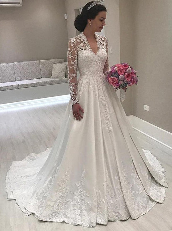 Princess Long Sleeve V-Neck Wedding Dress | Lace Bridal Gowns On Sale