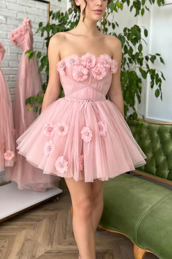 Princess Mini Dress 3D Flowers Pink Homecoming Dress WD219