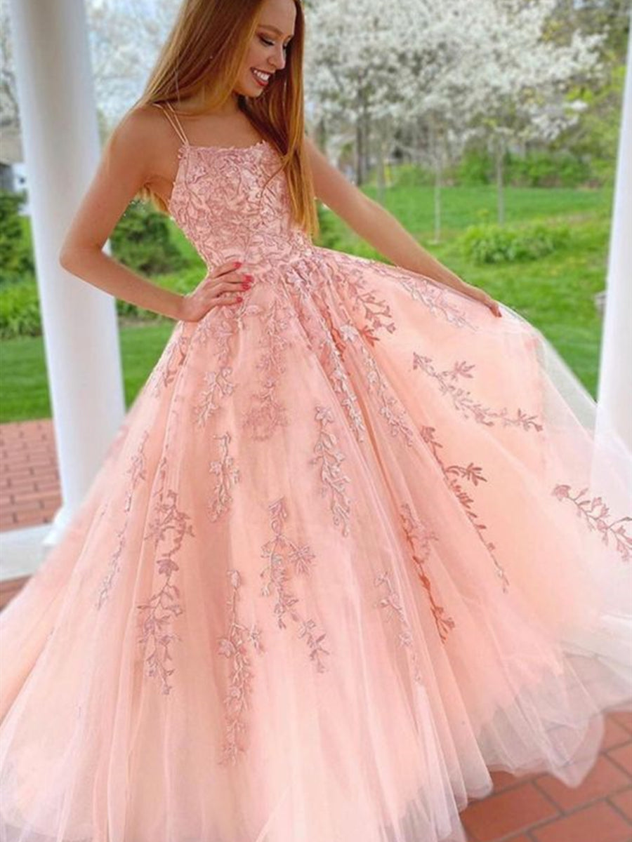 Princess Pink Lace Long Prom Dresses with Straps, Pink Lace Formal Graduation Evening Dresses