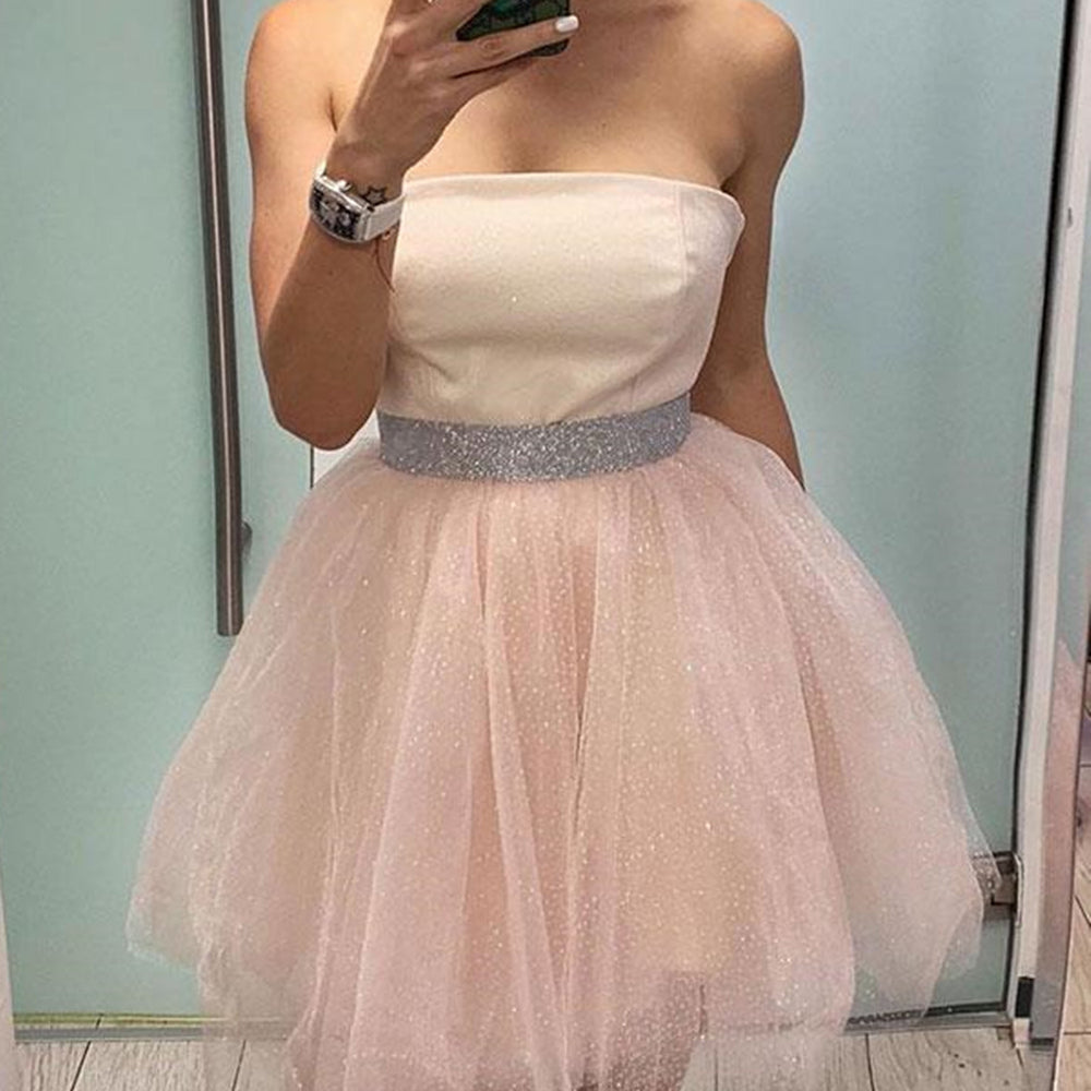 Princess Strapless Short Pink Homecoming Prom Dresses with Belt, Pink Formal Graduation Evening Dresses