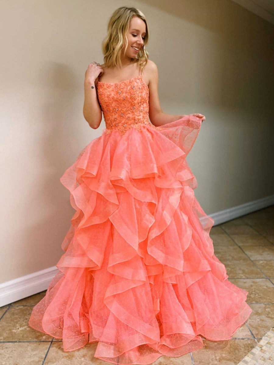 Princess Tulle Backless Long Coral Prom Dresses with Beadings, Backless Coral Formal Dresses, Beaded Coral Evening Dresses