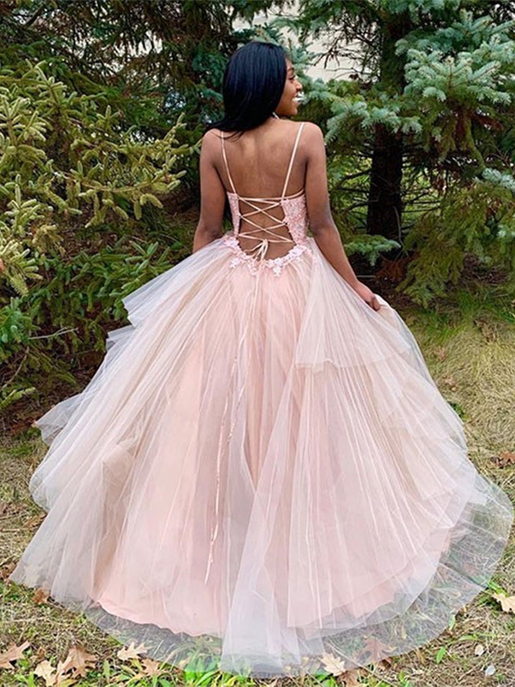 
                      
                        Princess V Neck Lace Appliques Pink Long Prom Dresses, V Neck Pink Lace Formal Dresses, Pink Lace Evening Dresses
                      
                    