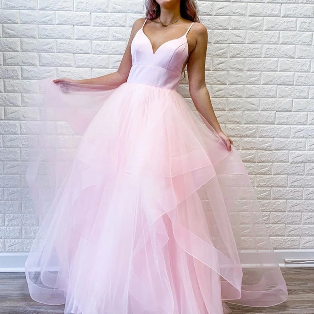 Princess V Neck Long Pink/Light Blue Prom Dresses, Puffy Pink/Light Blue Formal Evening Dresses, Light Blue Party Dresses, Pink Ball Gown