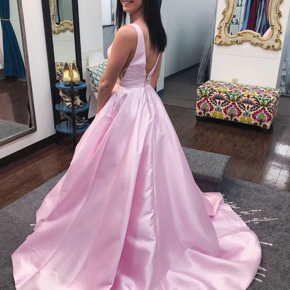 
                      
                        Princess V Neck Open Back Pink Long Prom Dresses, V Neck Pink Formal Dresses, Pink Evening Dresses 
                      
                    