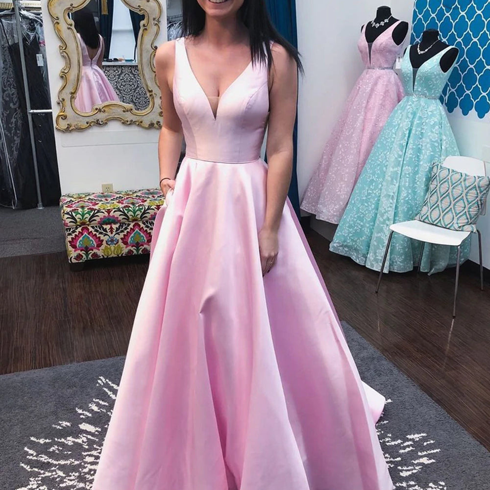 Princess V Neck Open Back Pink Long Prom Dresses, V Neck Pink Formal Dresses, Pink Evening Dresses 