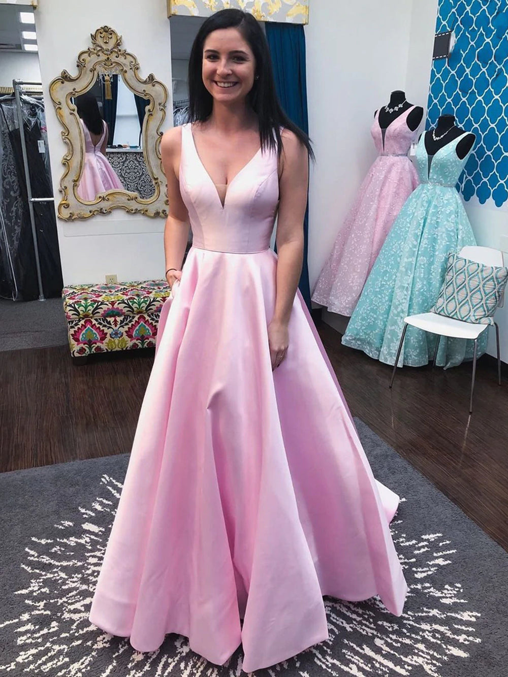 Princess V Neck Open Back Pink Long Prom Dresses, V Neck Pink Formal Dresses, Pink Evening Dresses 