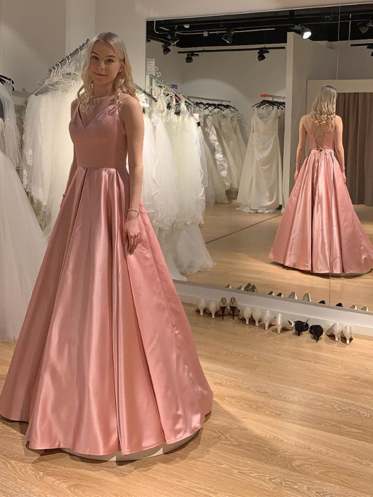 
                      
                        Princess V Neck Satin Long Pink Prom Dresses with Cross Back, V Neck Pink Formal Graduation Evening Dresses
                      
                    