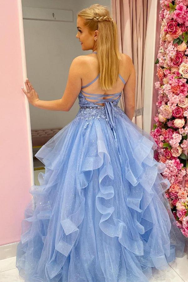 
                      
                        Puffy Blue Shiny Tulle Long Prom Dress With Ruffles
                      
                    