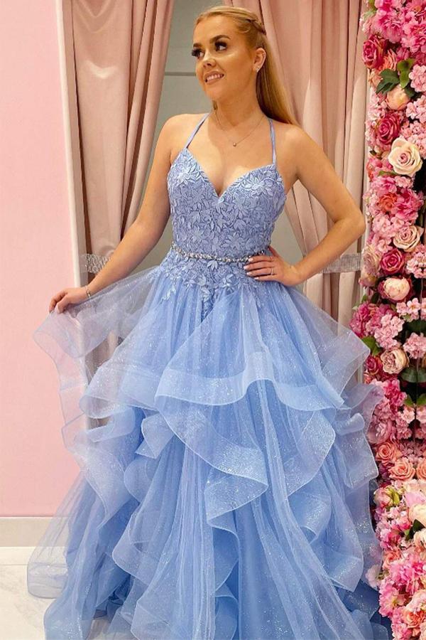 
                      
                        Puffy Blue Shiny Tulle Long Prom Dress With Ruffles
                      
                    