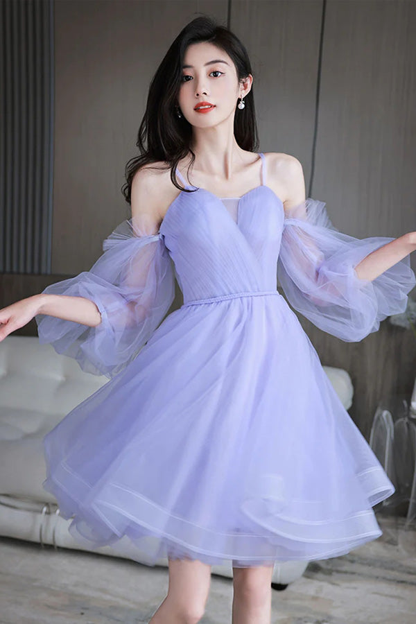 Puffy Purple Tulle Fairy Homecoming Dress With Sleeve WD260 winkbridal