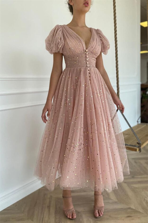 
                      
                        Radiant Rose Gold Sequin Embellished V-Neck Prom Gown
                      
                    