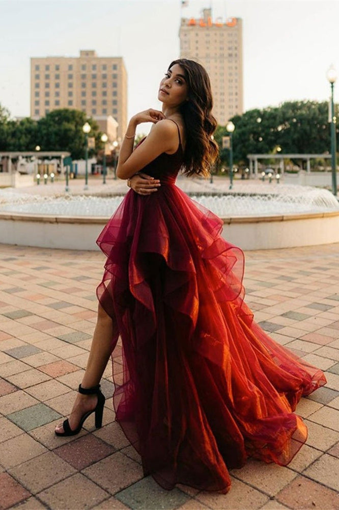 
                      
                        Ravishing Burgundy Prom Gown with Spaghetti Straps and Delicate Ruffles
                      
                    