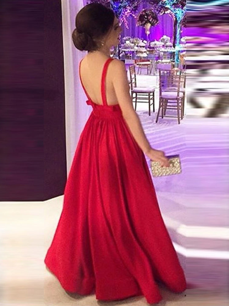 
                      
                        Red A Line V Neck Backless Long Prom Dresses, V Neck Red Formal Dresses, Red Evening Graduation Dresses
                      
                    