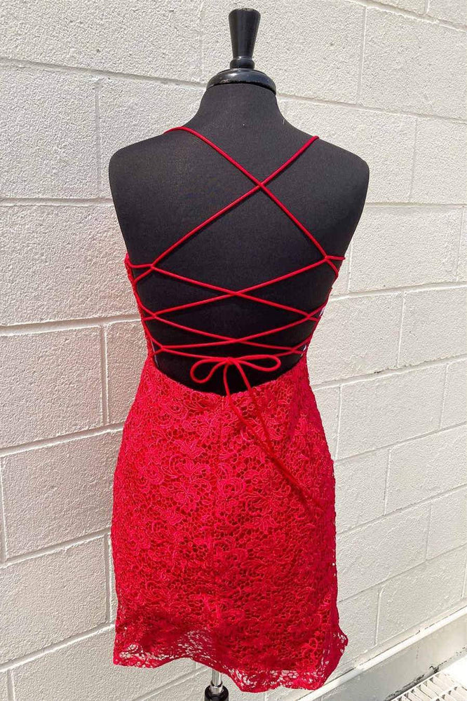 
                      
                        Red Lace Tight Homecoming Dress Tie Back Short Prom Dress
                      
                    