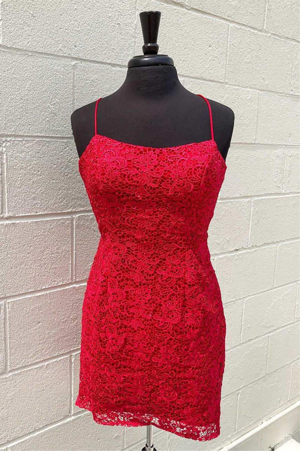 Red Lace Tight Homecoming Dress Tie Back Short Prom Dress