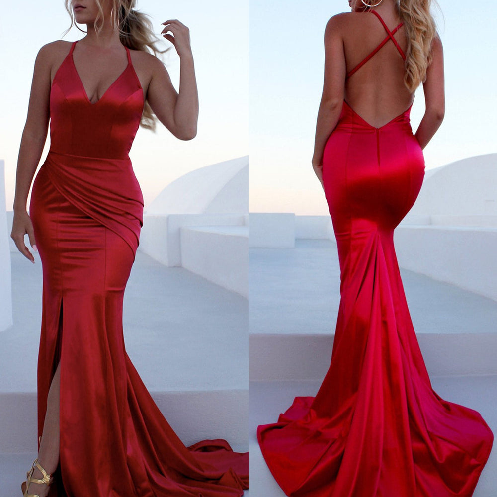 Red Mermaid Backless Satin Long Prom Dresses with Leg Slit Train, Red Mermaid Formal Dresses, Red Evening Dresses