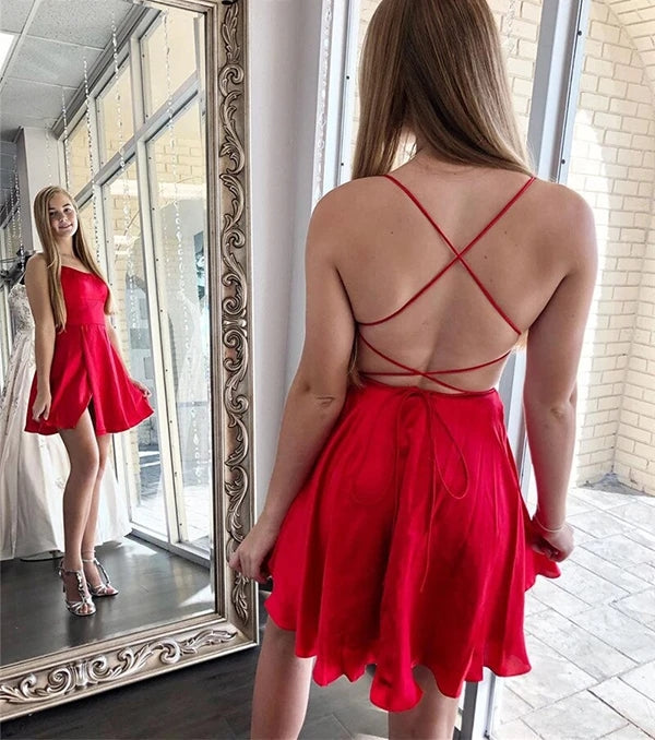 Split Red Satin Cross Back Spaghetti Straps Homecoming Dress