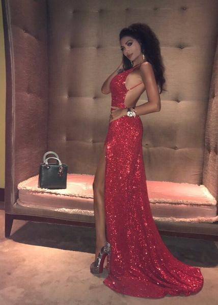 Red Sequins Backless Prom Dress