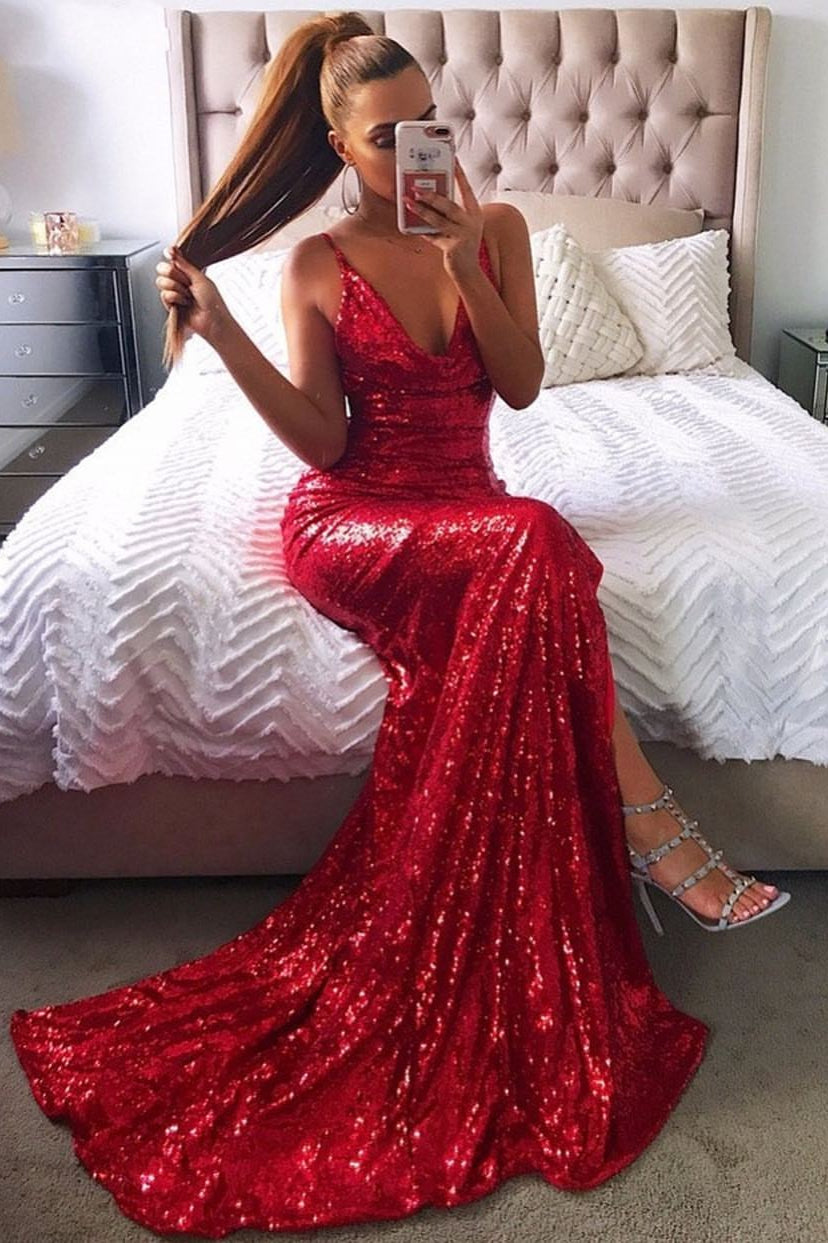 Red Sequins Backless Prom Dress