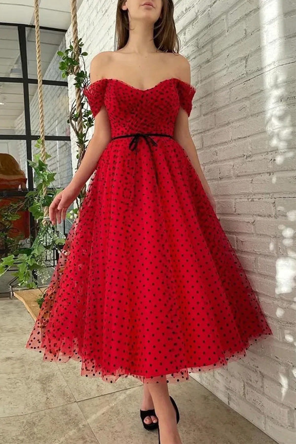 
                      
                        Red Tulle Off The Shoulder Tea Length Prom Dress Homecoming Dress
                      
                    