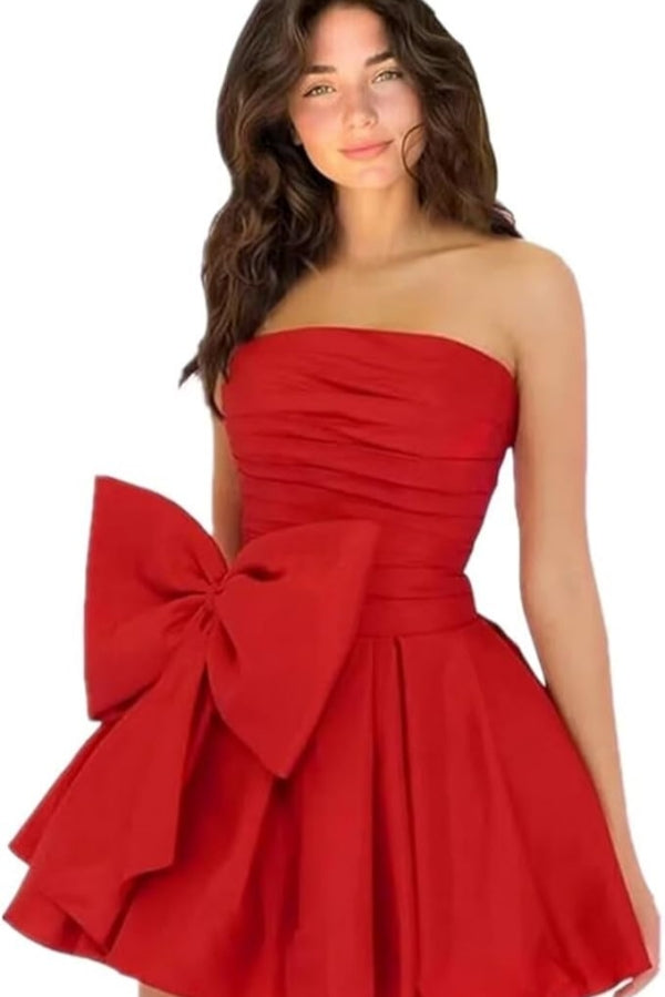 
                      
                        Sleeveless Ruched Short Homecoming Dresses Simple Mini Party Wear Dress with Bow
                      
                    