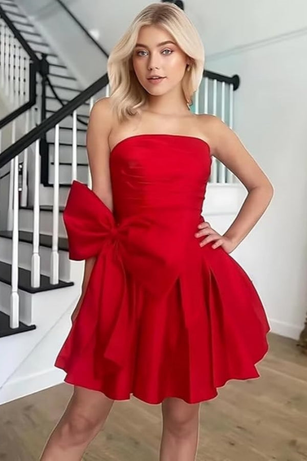 Sleeveless Ruched Short Homecoming Dresses Simple Mini Party Wear Dress with Bow