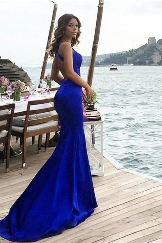Regal Sapphire Halter Mermaid Evening Gown