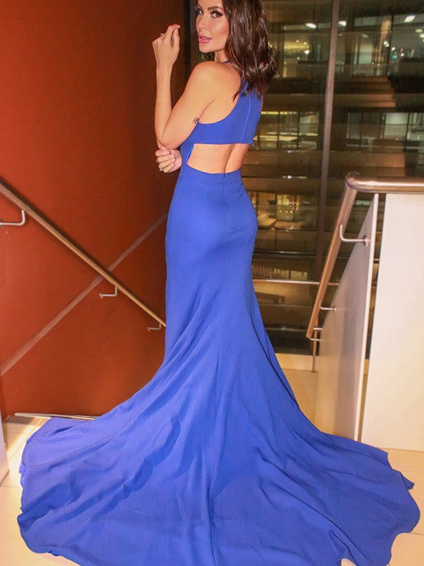 Regal Sapphire Halter Neck Mermaid Prom Gown with Daring Slit