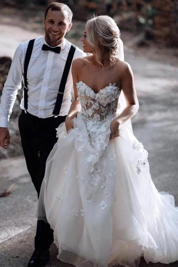 Romantic A Line Strapless Floral Appliqued Wedding Dress