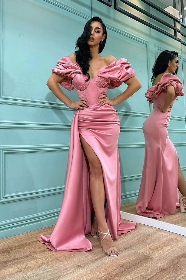 
                      
                        Rose Petal Pink Mermaid Prom Gown with Off-the-Shoulder Design and Stylish Split Hem
                      
                    