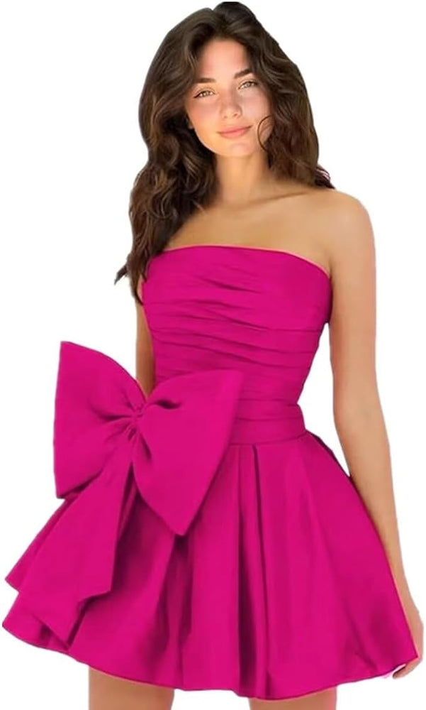 
                      
                        Sleeveless Ruched Short Homecoming Dresses Simple Mini Party Wear Dress with Bow
                      
                    