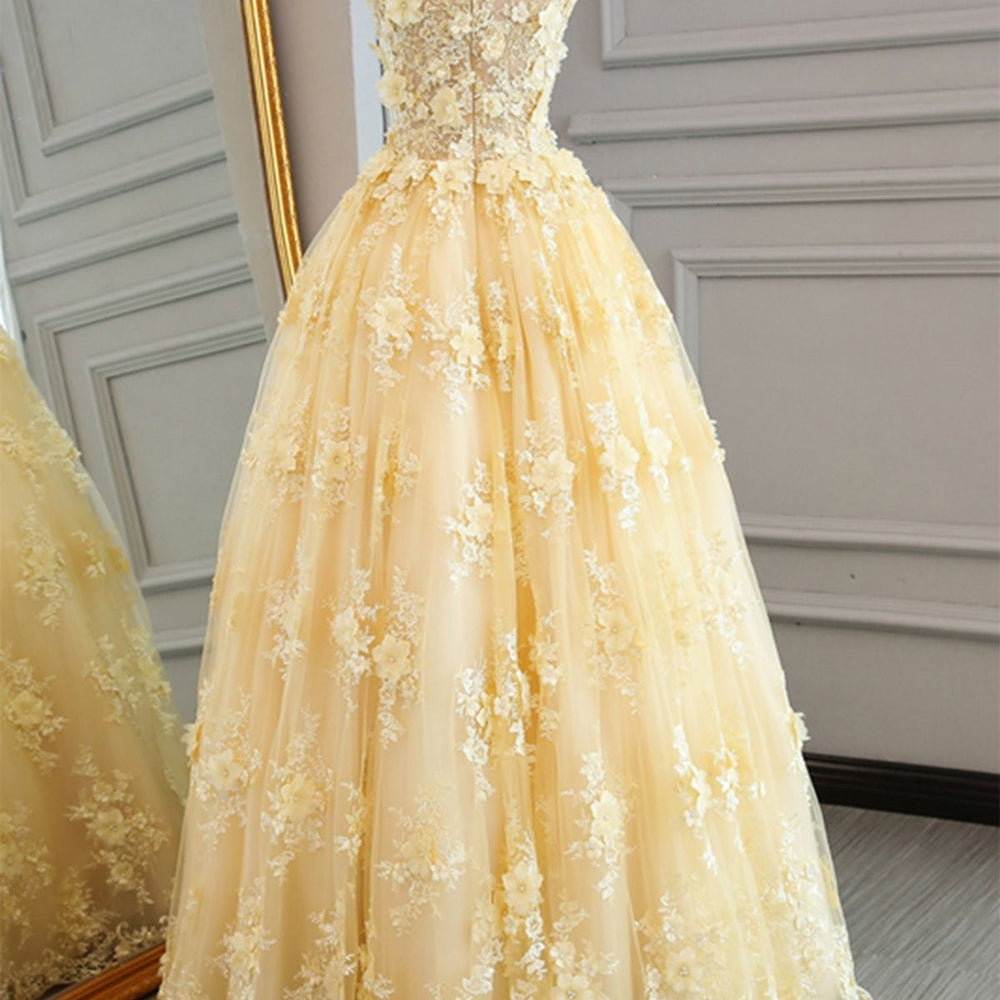 
                      
                        Round Neck Appliques Yellow Lace Prom Dresses, Yellow Lace Formal Dresses, Yellow Evening Dresses
                      
                    