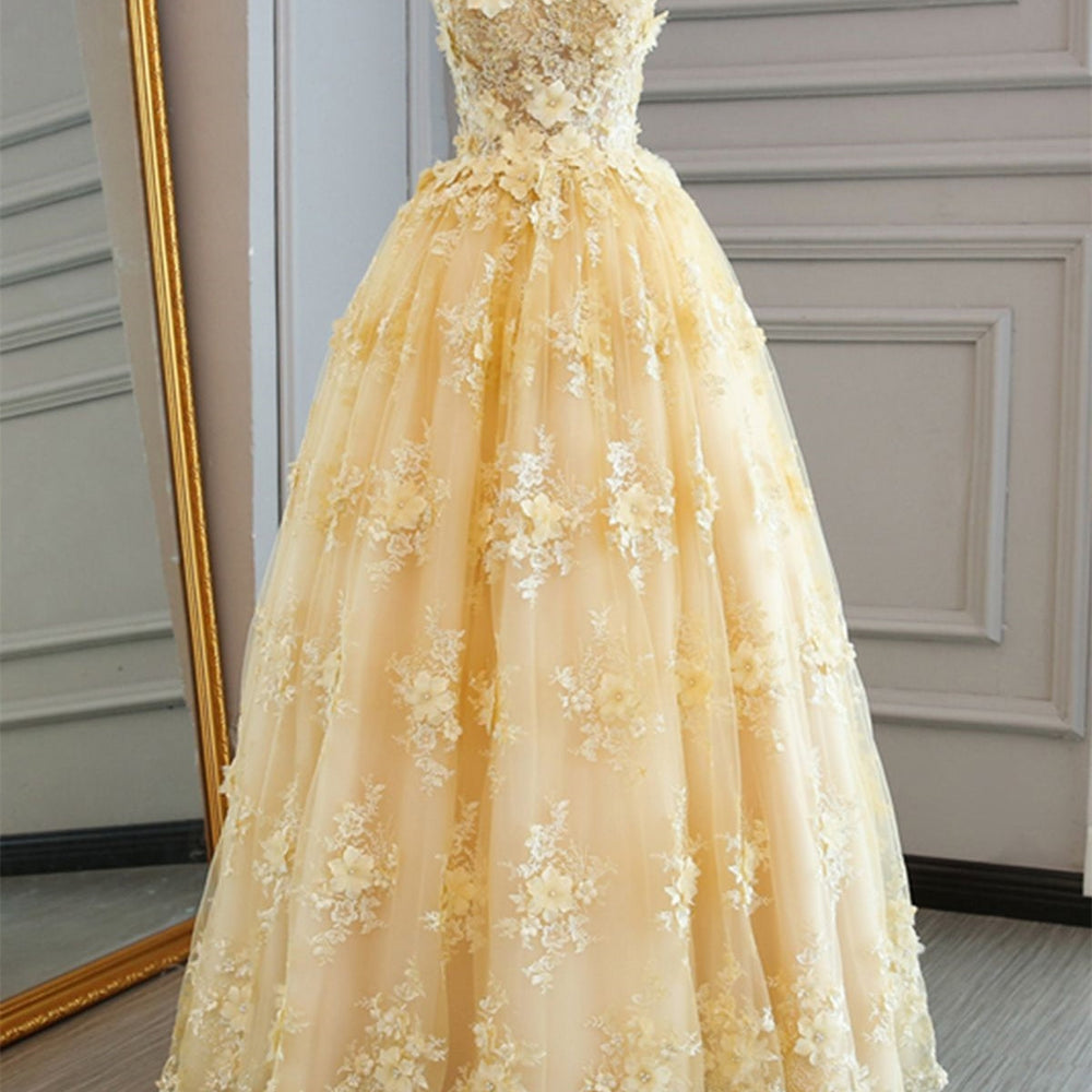 Round Neck Appliques Yellow Lace Prom Dresses, Yellow Lace Formal Dresses, Yellow Evening Dresses