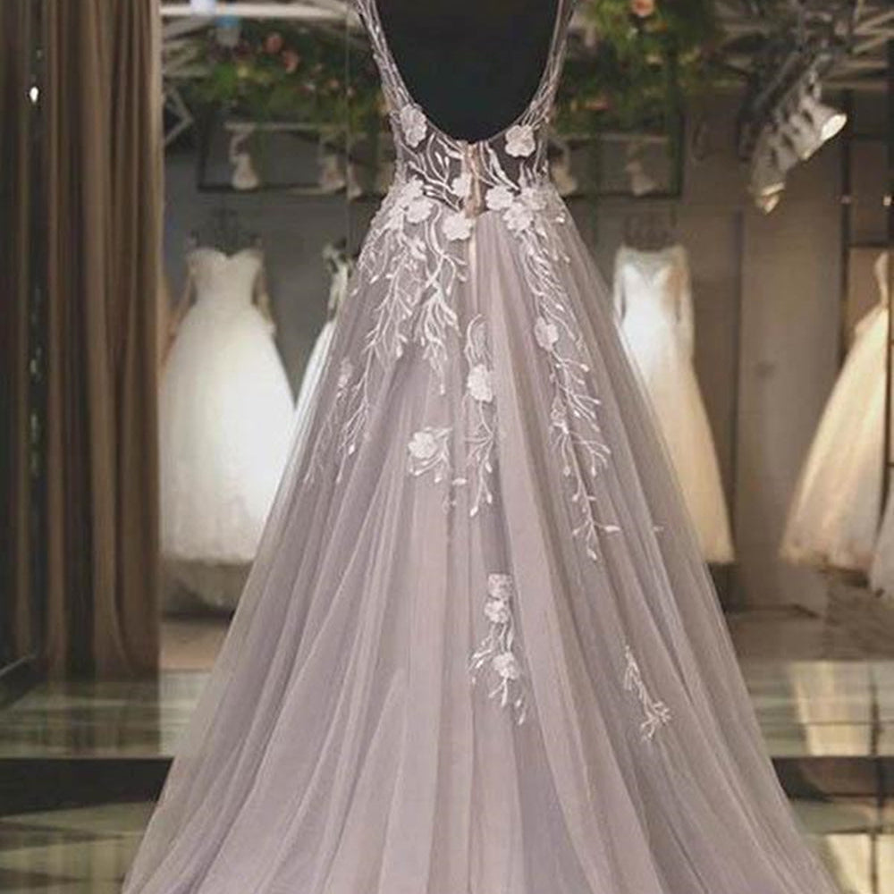 
                      
                        Round Neck Backless Grey Lace Floral Long Prom Dresses, Backless Gray Formal Dresses, 3D Flower Gray Evening Dresses
                      
                    