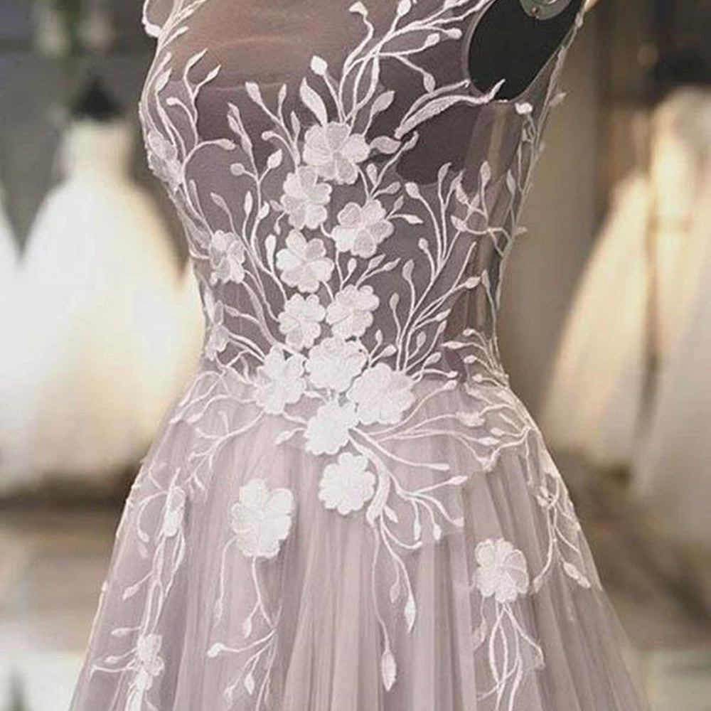 
                      
                        Round Neck Backless Grey Lace Floral Long Prom Dresses, Backless Gray Formal Dresses, 3D Flower Gray Evening Dresses
                      
                    