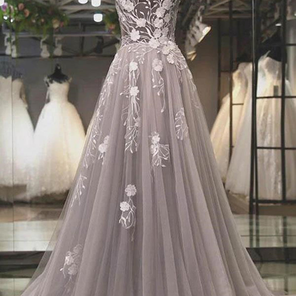 Round Neck Backless Grey Lace Floral Long Prom Dresses, Backless Gray Formal Dresses, 3D Flower Gray Evening Dresses