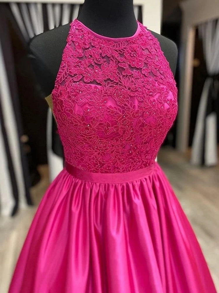 
                      
                        Round Neck Fuchsia Lace Long Prom Dresses, Fuchsia Lace Formal Dresses, Fuchsia Evening Dresses
                      
                    