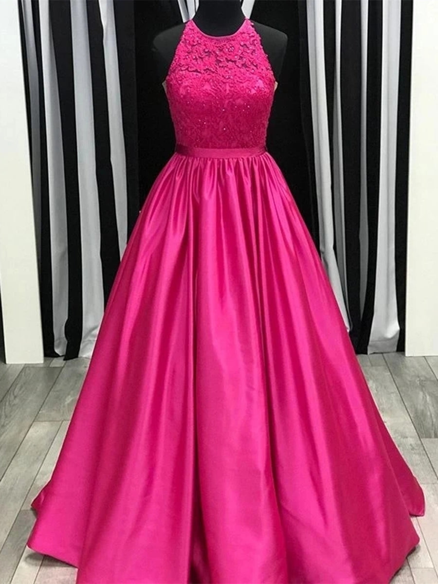 Round Neck Fuchsia Lace Long Prom Dresses, Fuchsia Lace Formal Dresses, Fuchsia Evening Dresses