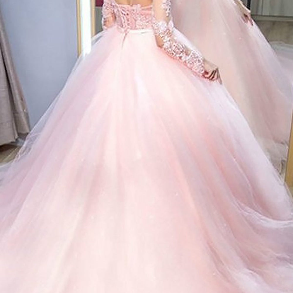 
                      
                        Round Neck Long Sleeves Pink Lace Long Prom Dresses, Long Sleeves Pink Formal Evening Dresses, Pink Lace Ball Gown 
                      
                    