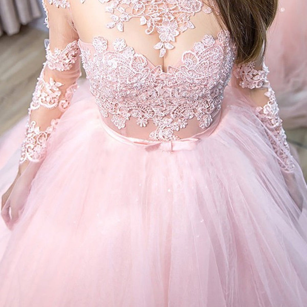 
                      
                        Round Neck Long Sleeves Pink Lace Long Prom Dresses, Long Sleeves Pink Formal Evening Dresses, Pink Lace Ball Gown 
                      
                    