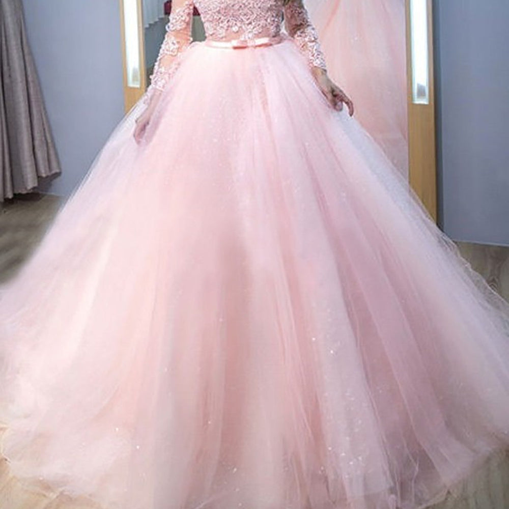 
                      
                        Round Neck Long Sleeves Pink Lace Long Prom Dresses, Long Sleeves Pink Formal Evening Dresses, Pink Lace Ball Gown 
                      
                    