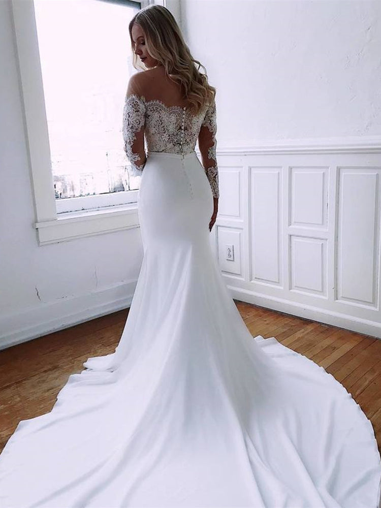 
                      
                        Round Neck Mermaid Lace Top White Long Prom Wedding Dresses with Train, Mermaid White Lace Formal Dresses, Mermaid White Evening Dresses
                      
                    