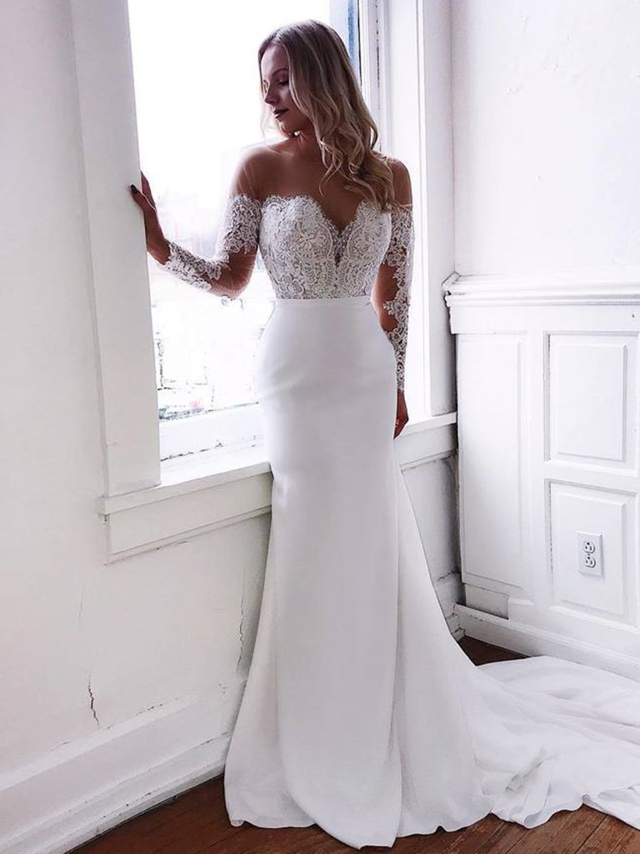 Round Neck Mermaid Lace Top White Long Prom Wedding Dresses with Train, Mermaid White Lace Formal Dresses, Mermaid White Evening Dresses