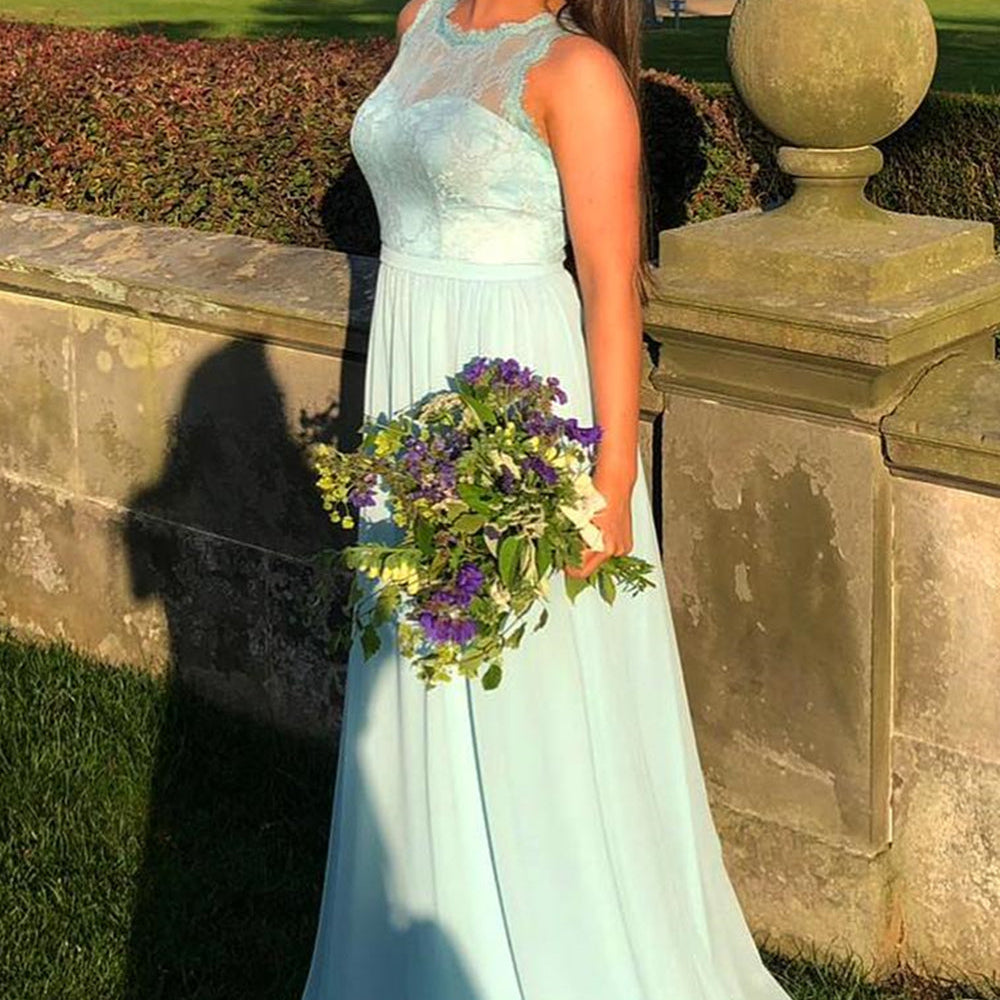 
                      
                        Round Neck Mint Green Lace Long Prom Dresses, Long Green Lace Formal Dresses, Green Evening Dresses
                      
                    