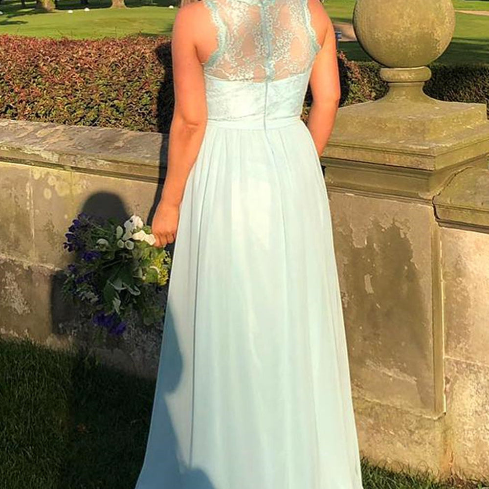 
                      
                        Round Neck Mint Green Lace Long Prom Dresses, Long Green Lace Formal Dresses, Green Evening Dresses
                      
                    